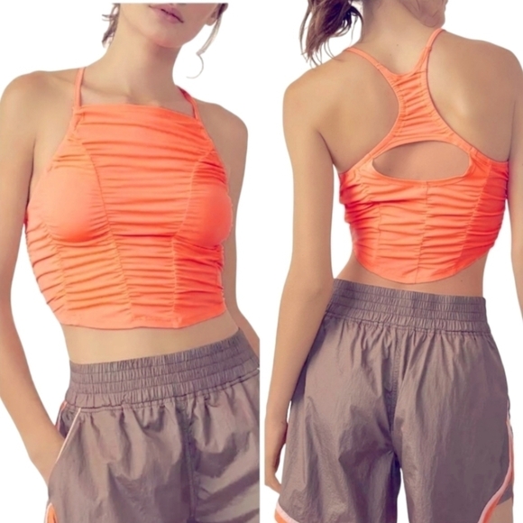 Free People FP MOVEMENT Shirr Enough Tank Top Ruched Neon Coral Size Lar… - Picture 3 of 12